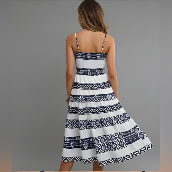 Boho Geo Print Ruffle Hem Cami Dress White/Blue - Picture 4 of 9